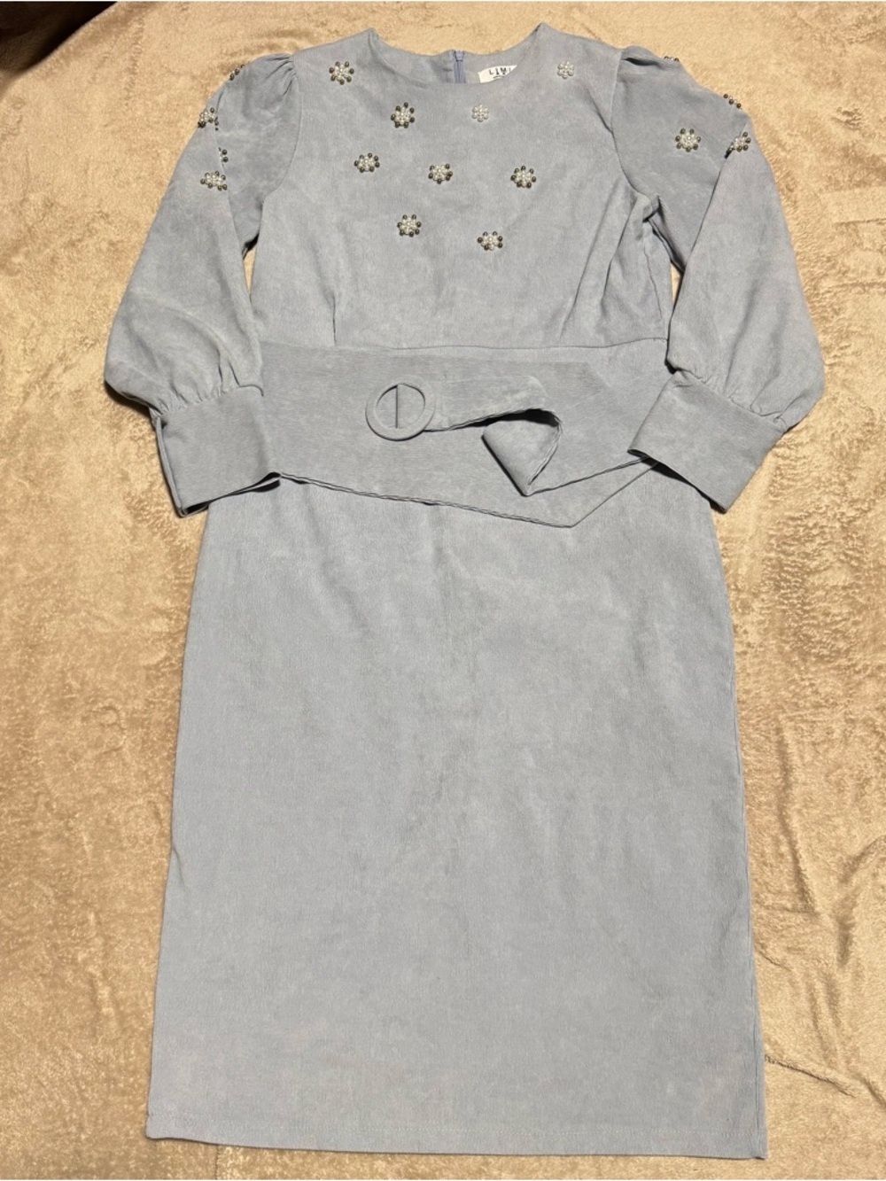 Light Blue Embellished Belted Midi Dress